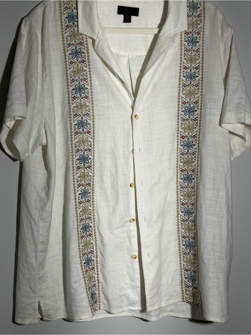 Magaschoni Man White Button Down Embroidered SS Warm Weather Shirt - Size L